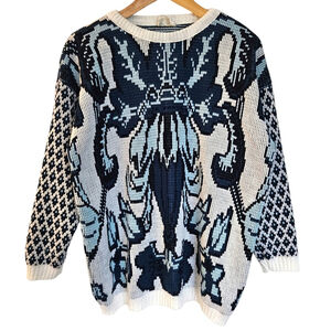 Vintage‎ Ivory Blue Abstract Jacquard Pullover Acrylic Sweater Small